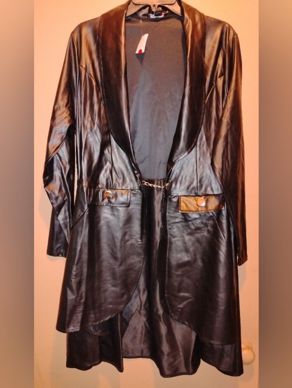 NWT! Black Faux Leather High/Low Trench with 2-button Chain Closure Accents.